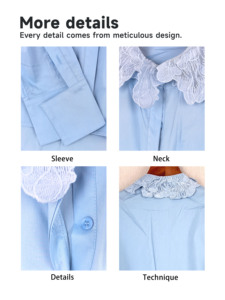 Camicia Oversize di Lusso per Donna in Misto Cotone <span class=keywords><strong>Blu</strong></span> Cielo, Morbida al Tatto, con Colletto Peter Pan in <span class=keywords><strong>Pizzo</strong></span>, Maniche Lunghe e Orlo Curvo - Product Image 4