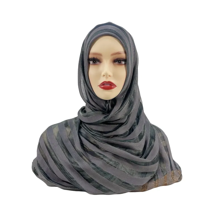 Großhandel ethnischen muslimischen Voile Foulard Khimars Hijabs Glitzer Crepes Tripes Viskose Seide Schal Voile Schleier für Frauen Dubai