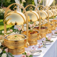 Chauffe-Plat Rond en Acier Inoxydable Doré 8L pour Fêtes de Mariage, avec Couvercle Suspendu, Chauffe-Plat Buffet à Alcool, pour Hôtels et Traiteurs