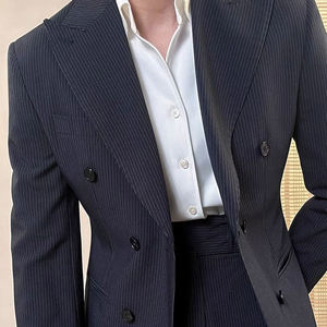 Vendita calda <span class=keywords><strong>doppiopetto</strong></span> abiti da lavoro classici da uomo nero a righe grigie abiti da sposa formali con cerniera pantaloni mosca - Product Image 5