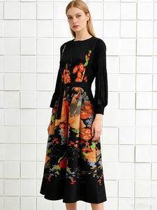 Floral Print A-Line Midi <b>Dress</b> Long Sleeve Polyester Woven Anti-static Casual Spring <b>Dress</b> - Product Image 4