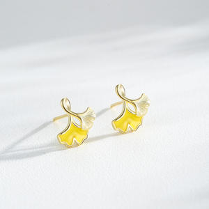Boucles d'oreilles clous en argent sterling S925 personnalisables, version cuivre, feuille de Ginkgo porte-bonheur émaillée, or 14 carats, exclusives pour femmes - Product Image 6