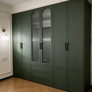 6 Door Swing Green Wardrobe With Ribbed Glass for <b>Bedroom</b> <b>Furniture</b> Elegant Heavy Duty Wooden Closet - Product Image 6