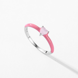 S925 Silver Pink Enamel Heart <b>Ring</b> with Light Pink Stone <b>Dainty</b> Stackable Silver Trendy Sweet Girl Finger Band - Product Image 5