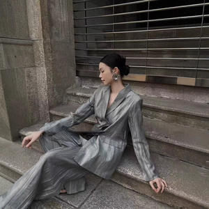 2025 primavera nuova arrivata giacca con collo <span class=keywords><strong>in</strong></span> cotone e <span class=keywords><strong>lino</strong></span> pantaloni larghi a vita alta - Product Image 2