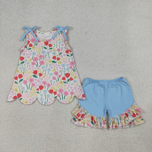 Wholesale Adorable Boutique Toddler Girl Casual Floral Print Short Sleeve Scallop Tops and Ruffle Shorts 2 Pcs Sets for Summer - Product Image 4