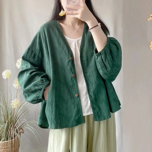 <b>Women</b> Cotton <b>Linen</b> <b>Cardigan</b> Long Sleeve V Neck Loose Plus Size Spring Summer Breathable Top Khaki White Dark Green - Product Image 2