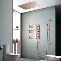 Système de douche HIDEEP Music LED en laiton doré rose, pommeau de douche pluie et cascade 23*15 pouces, barre coulissante, robinet de salle de bain encastré au plafond