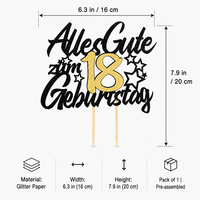 Deutscher Schwarz-Gold Glitzer 'Alles Gute Zum 18. Geburtstag' Geburtstagstorten-Topper 16x20cm Karton 18. Party-Zubehör