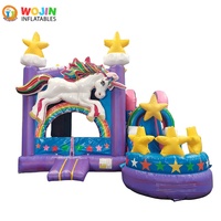 Château gonflable commercial thème Licorne, grande structure gonflable rose avec toboggan pour la location événementielle