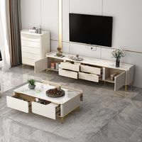 Ensemble de meuble TV et table basse en bois blanc crème de luxe moderne avec pieds en métal pour hôtel, maison, salon, meubles de salon, table à thé