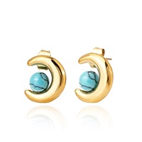 Bijoux OEM personnalisés plaqués or véritable 18 carats, pierres naturelles malachite, turquoise, lapis-lazuli, œil de tigre, boucles d'oreilles clous lune