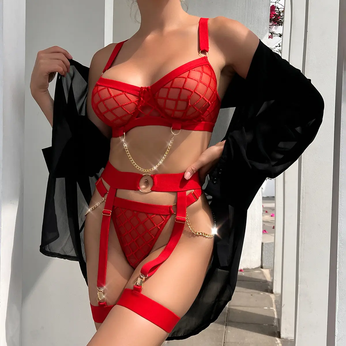 Set pakaian dalam wanita Bralette tipis Push Up pakaian dalam wanita Lingerie Brassiere Sensual seksi warna merah hitam dan celana dalam Set 1376