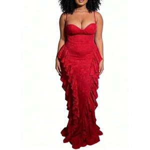 Vestido de Encaje Rojo para Mujer - Tirantes Finos, Volantes en el Bajo, Espalda Descubierta, Vestido Formal de Noche, Ropa de Moda - Product Image 3