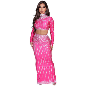 Ensemble 2 pièces sexy pour <span class=keywords><strong>femme</strong></span> : <span class=keywords><strong>robe</strong></span> longue unie à col montant et combinaison en maille ornée de cristaux, style décontracté pour club et été - Product Image 4