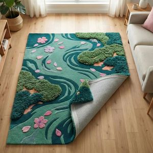 Teal Green Wool Area <b>Rug</b> Crafted with Moss Hand Tufted Floral River Artwork for Living Room Bedroom <b>Nursery</b> Kids Room Play Area - Product Image 4