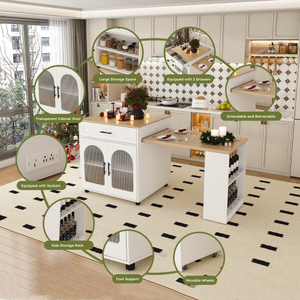 80-inch Expandable Modern Kitchen <b>Island</b> Dining <b>Table</b> MDF Countertop Power Outlet Mobile Storage Cart Cabinet 2 Drawers (White) - Product Image 4