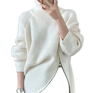 Lazy style high neck zipper solid color high-grade knit sweater to wear sweater loose long sleeve warm top to wear