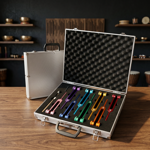 Juego de diapasones de 8 piezas de metal colorido en estuche de aluminio para sanación y equilibrio de chakras. - Product Image 5