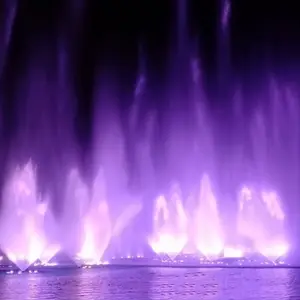 Nuevos proyectos de diseño de fuente de agua de baile musical con luz LED RGB, fuego de niebla láser en el lago