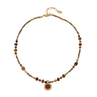 Collier pour femme en or véritable plaqué 18 carats avec pendentif en agate rouge jaune d'œuf et perles de pierres précieuses