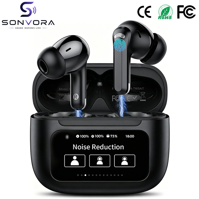 Wholesale Custom Logo S80A in Ear ANC TWS True Wireless Earbuds, 1.74 Touch Screen Earphones Transparent Mode, 13mm HiFi Stereo