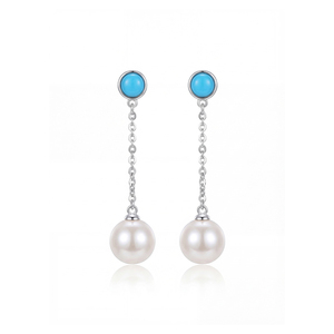 Copper <b>Turquoise</b> Round Bezel White Pearl Long Chain Drop <b>Earrings</b> for Women Dangle Pearl <b>Stud</b> Boho Jewelry Elegant Gift - Product Image 1