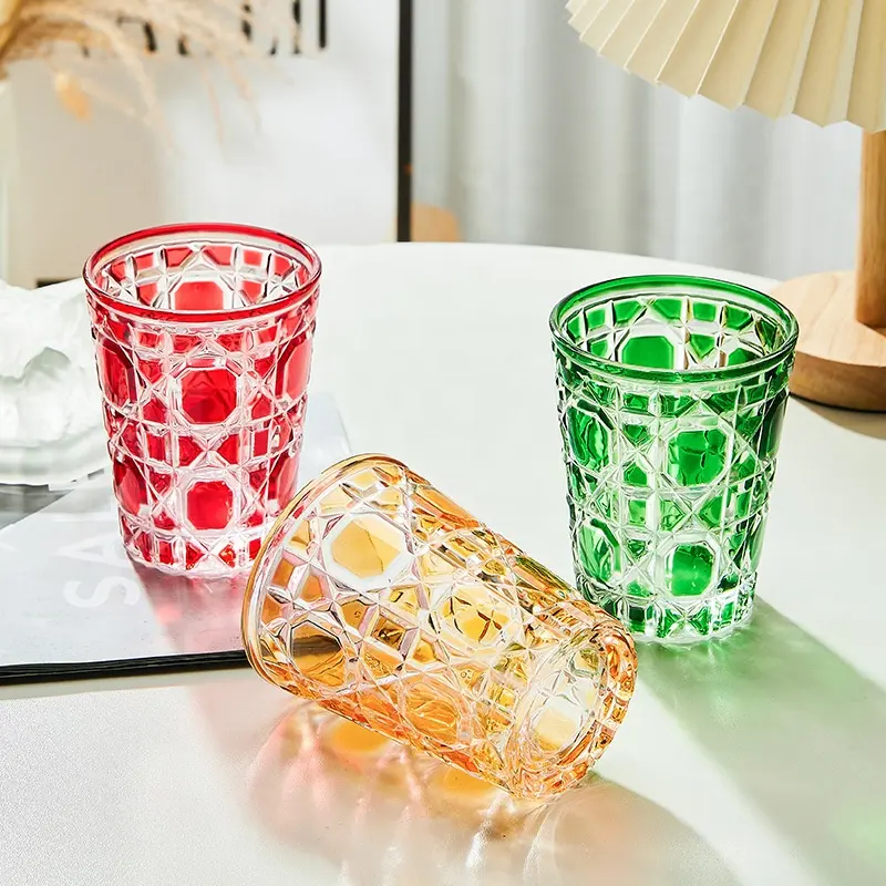 Vasos de vidrio de colores para beber, vaso de vidrio grabado a mano, Vintage, de lujo