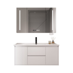 Mueble de Baño Moderno Minimalista de Pared con Lavabo de Cerámica Integrado, Espejo LED Inteligente y Almacenamiento con Múltiples Cajones para Contemporáneo - Product Image 1