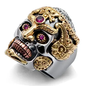 925 sterling silver fashion domineering retro punk gothic skull king inlaid red corundum rings for men jewelry and pendant