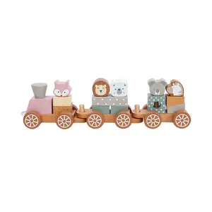 재미있는 나무 블록 세트 동물 기차 장난감 유치원 어린이 나무 푸시 풀 스태킹 기차 장난감