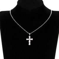 Collier avec pendentif croix en zircone cubique pour femme, 14 mm, laiton plaqué or blanc, délicat croix chrétienne, or blanc