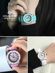 San Martin นาฬิกาข้อมือผู้หญิง2026 32.5มม., นาฬิกาควอตซ์หรูหราสง่างามแฟชั่น guilloche หน้าปัดไพลิน WR200m SN0151 - Product Image 4