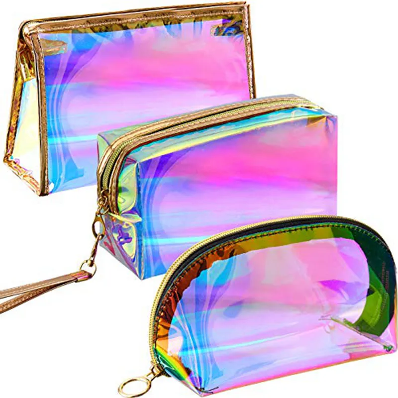 TPU 홀로그램 화장품 가방 여성용 무지개 빛깔의 방수 메이크업 주최자 메이크업 도구 여행 보관 세면도구 가방