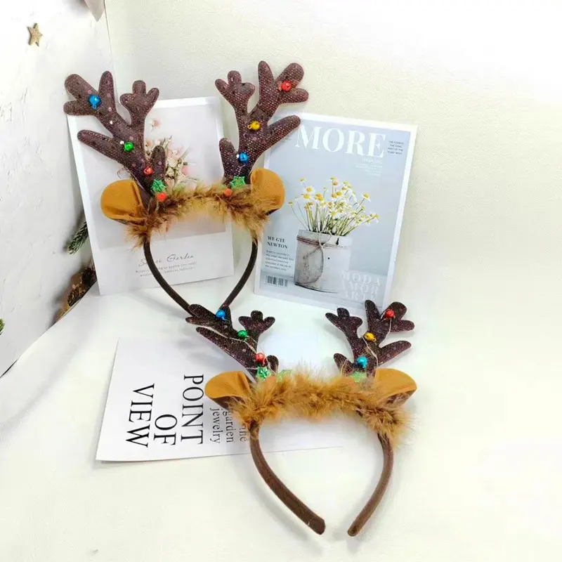 Hot Sale Cartoon Hair Band Elastic Feather Glowing Elk Cute Animal Christmas Reindeer Antlers Headband