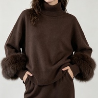 Ensemble deux pièces en laine tricotée pour femme Tyan, tenue d'hiver avec col montant et revers en fourrure de renard, pull et pantalon amples, survêtement