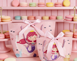 Mermaid Theme <b>Paper</b> Gift <b>Bag</b> with Handle, Made of Thick <b>White</b> Cardboard with Color Printing, Adorned with Pink Satin Ribbon Bow - Product Image 2