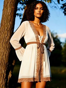 Bohemian Lace <b>Patchwork</b> Chiffon Tunic <b>Shirt</b> for Women - Flare Sleeve Deep V Neck Blouse, Lightweight Vacation Dress - Product Image 2