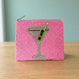<b>Pink</b> Beaded Coin Pouch Embroidered Martini Glass Zipper Wallet Fashion Canvas Promotional <b>Gift</b> Bag - Product Image 2