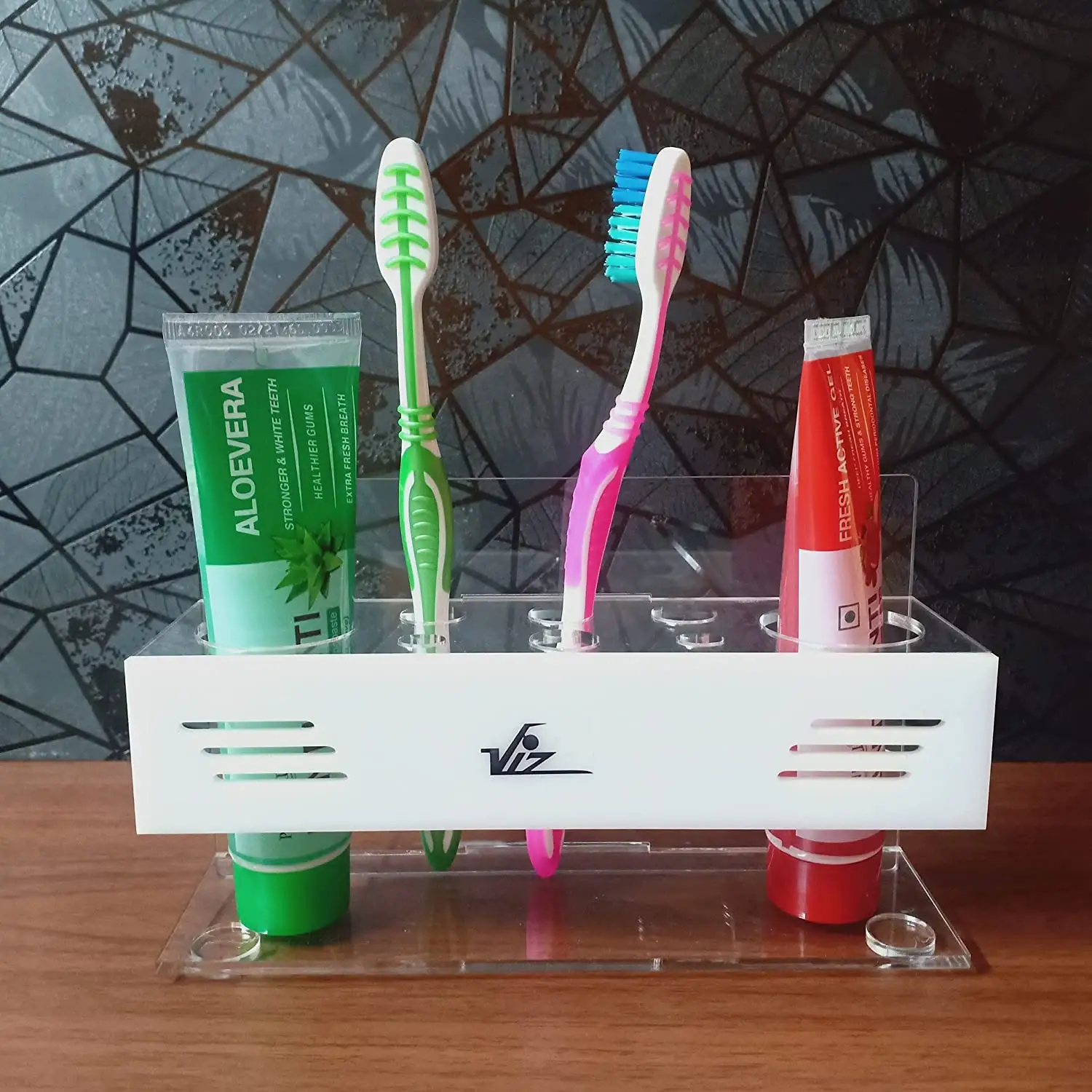 Unique Transparent & White Acrylic Toothbrush & Toothpaste Holder Wall Mounted and Counter top Design