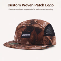Casquette de sport 5 panneaux non structurée à visière plate, respirante, avec logo tissé personnalisé, motif camouflage arbre, pour activités de plein air et camping