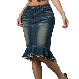 Jupe midi en jean taille haute pour femme avec ourlet à volants, silhouette crayon déchirée, style décontracté printemps - Product Image 3