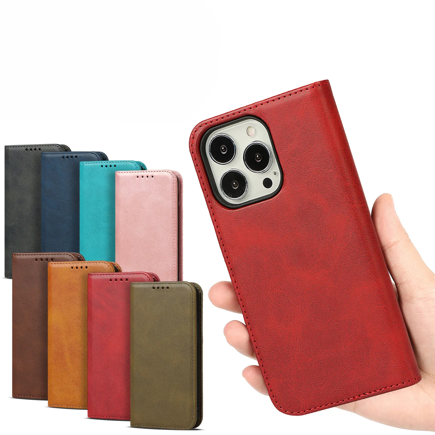 Luxe Kalfpatroon Pu Lederen Hoesje Magnetische Flip Portemonnee Kaart Beschermhoes Voor Iphone 15 Pro Max 15 Plus