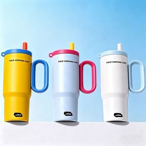 Bouteille isotherme personnalisée de 750 ml avec poignée, paille et couvercle portable – Tasse à café isolée pour eau chaude - Product Image 1