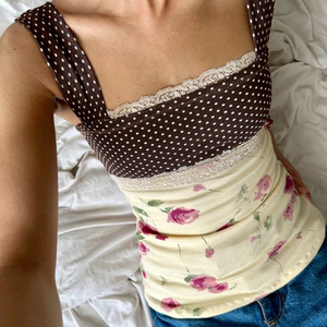 Top de Punto para Mujer, Estampado Floral Romántico con Puntos, Cuello Cuadrado, Adorno de Encaje, Lazos Delanteros, Estilo Casual para Vacaciones, Ecológico - Product Image 5