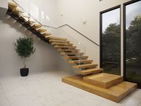 Escalier moderne à poutre simple, marches en bois et marches ouvertes, garde-corps en verre sans cadre
