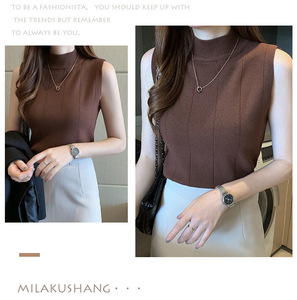 Koreanische Sommer Frauen Tops Neue Freizeit kleidung Ärmellose feste Frauen Bluse Strick Elastic Fashion Damen Tops Slim High Collar - Product Image 5