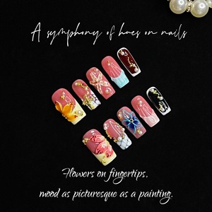 <span class=keywords><strong>Uñas</strong></span> Postizas Hechas a Mano de Estilo Francés, Tridimensionales, Pintadas a Mano, Coloridas, con Diseño de Rosas, Forma Cuadrada para Dedos - Product Image 2
