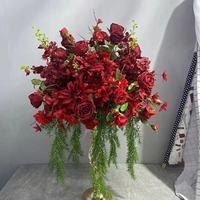 Décoration florale de mariage de luxe, rose artificielle en soie bordeaux et orange, chrysanthème, couleurs d'automne, centre de table de 60 cm