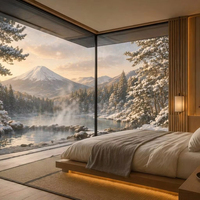 Fenêtre fixe en aluminium BOCHARM, cadre fin, double vitrage, panoramique, ultra-large, vue sur les montagnes enneigées, pour chambre de luxe